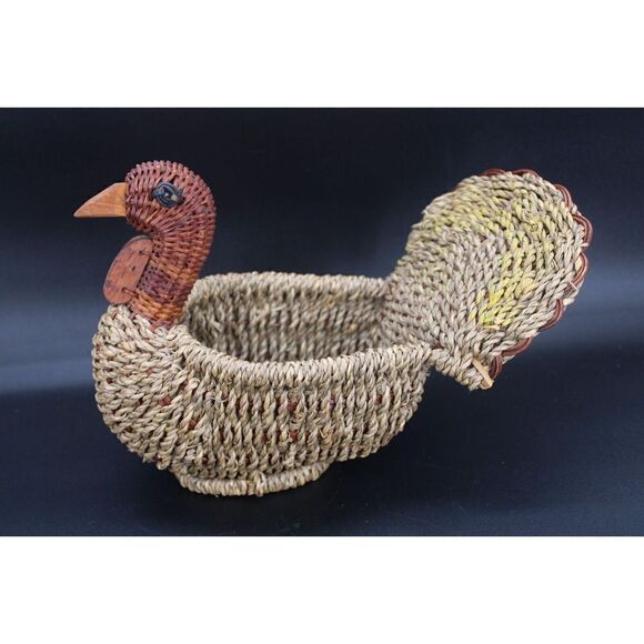 Cornucopia Brown Woven Wicker Horn Of Plenty Basket 17" And Turkey 11" - Picture 3 of 11